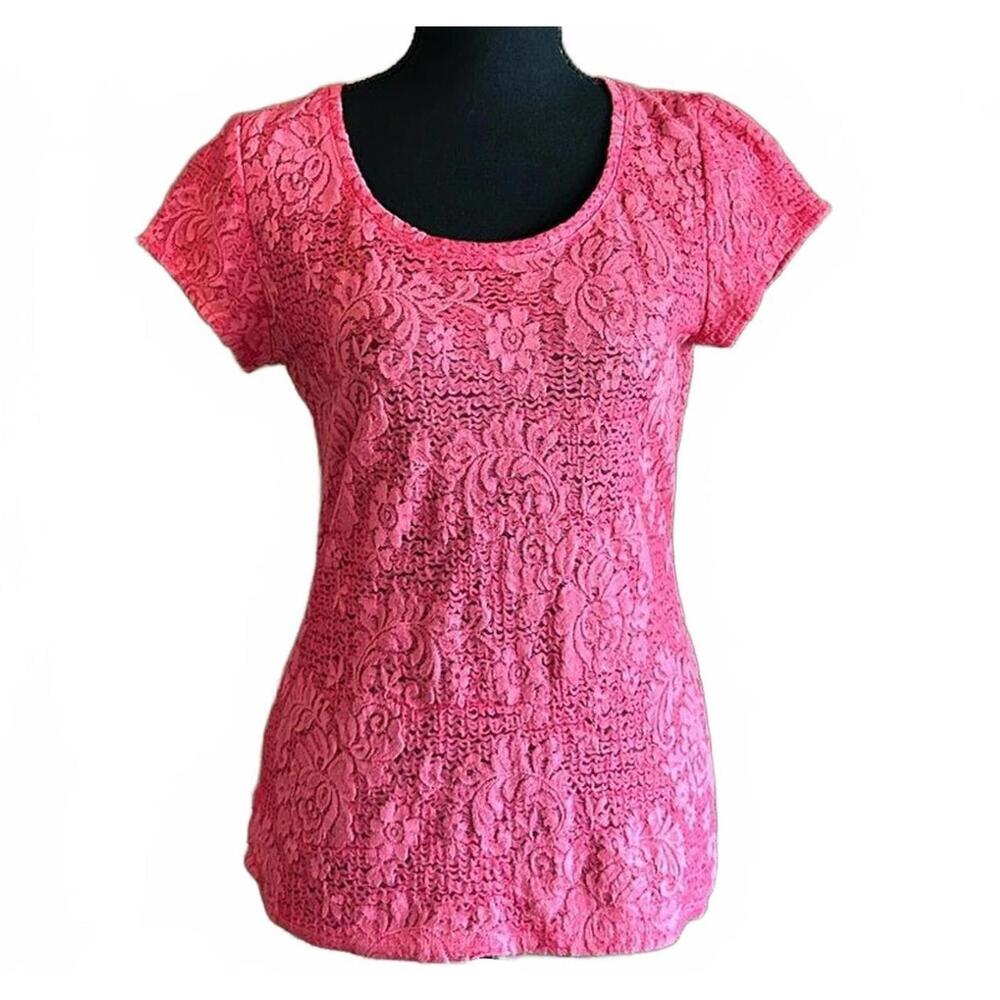 Ann Taylor Womens Semi Sheer Top Sz Medium Pink Lace Short Sleeve